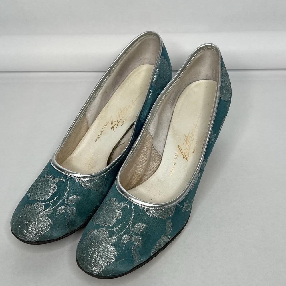 Women's Paradise Kittens Kitten‎ Shoes Vintage Aqua Silver 1950s 1960 Dyed 9 AA